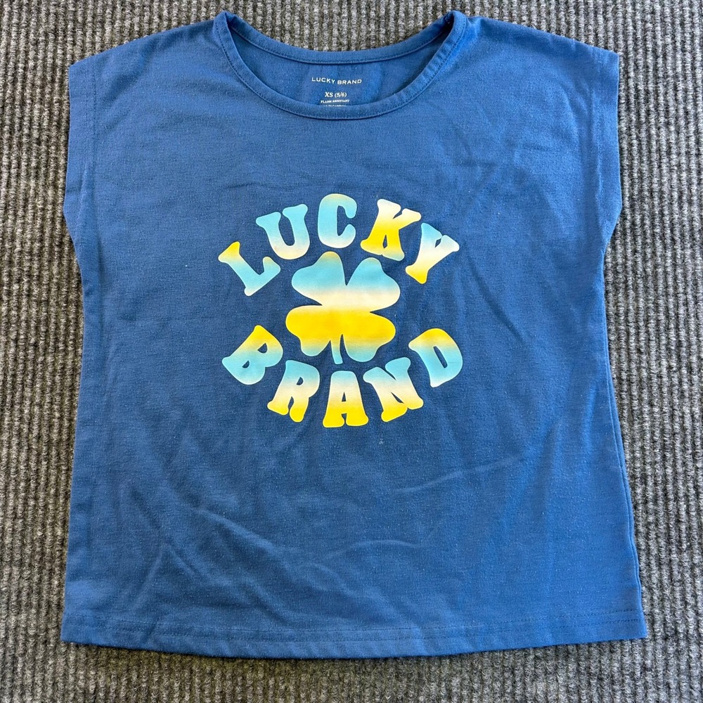 Lucky Brand Girls Blue Graphic Clover Logo Cap Sleeve Tee Shirt XS 5/6 1086